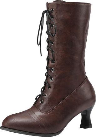 Generic Ladies Mid Calf Boots Pointed-Toe Europe And The United States In The Fall And Winter Lace Up Thick High Heeled Womens Mid Calf Boots Sunflower Women 