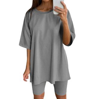 Generic Womens Tracksuit Two Piece Outfit Soild Color Tracksuit Causal Oversized Outfit Ladies Long Sleeve Pullover and Loose Short Sweatpants Loungewear Sets