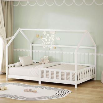 ML Design Ml-design Cama Infantil 120x200cm Blanco, Con Protecci&oacute;n Antica&iacute;da, Techo Y Somier, Estructura Listones De Madera De Maciza De Pino Lecho Doble Montes