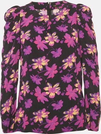 Maje Black Floral Print Crepe Puff Sleeve Blouse