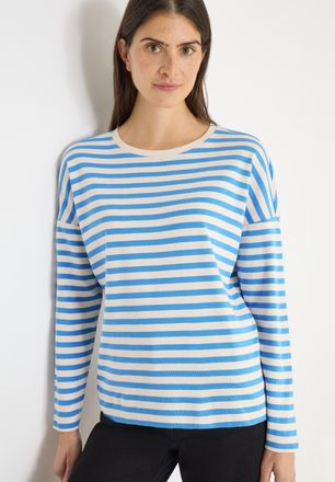 Cecil Langarmshirt CECIL, Damen, Gr. L (42), fountain blau, Jersey, Obermaterial: 100% Baumwolle, gestreift, l&auml;ssig geschnitten h&uuml;ftbedeckend, U-Boot-Aussch