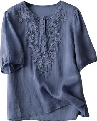 Generic The Strokes Top Womens Retro Loose Design Embroidery Round Neck Thin Cotton Linen Top Burnout Blouses for Women (Blue, M)