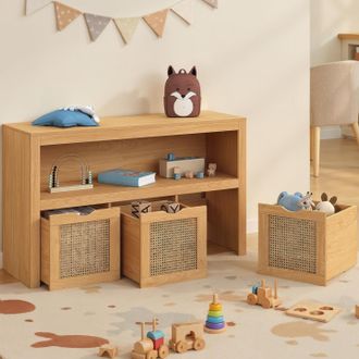 IDMarket Mueble De Almacenaje Infantil Edhen De Madera Y Ca&ntilde;a Con 3 Cajones C&uacute;bicos Con Ruedas
