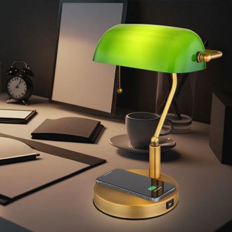 Globo Lighting Lampada da scrivania lampada da banchiere lampada da tavolo ottone vecchio vetro luce da lettura verde, porta usb per ricarica wireless, interruttore