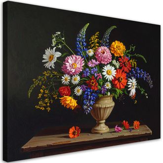 Feeby Cuadro Sobre Lienzo, Ramo De Flores De Colores En Un Jarr&oacute;n, 120x80
