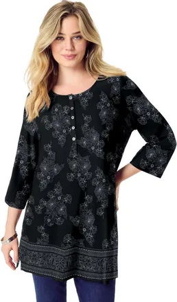Roaman's Henley Ultra Drape Tunic in Black Bouquet Border at Nordstrom, Size 16