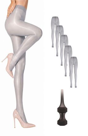 Lechery 5-Pack Glossy Semi-Sheer Opaque Ladder Resistant Party Evening Tights for Women in Grey at Nordstrom, Size Small