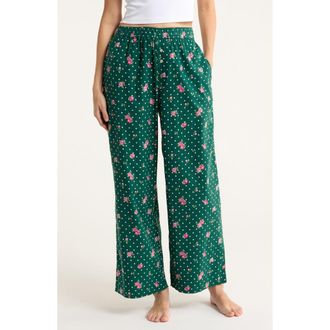 Open Edit Print Flannel Boxer Pajama Pants in Green Polka Dot Rose at Nordstrom Rack, Size X-Large