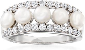 Ross-Simons 4.5mm Cultured Pearl and White Topaz Ring in Sterling Silver