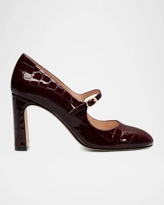 Stuart Weitzman 85mm Babette Croc-Embossed Patent Leather Mary Jane Pumps