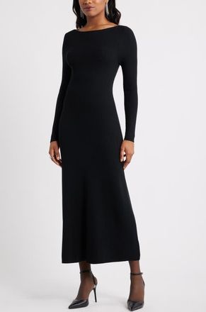 Open Edit Long Sleeve Rib Maxi Dress in Black at Nordstrom, Size Xx-Small