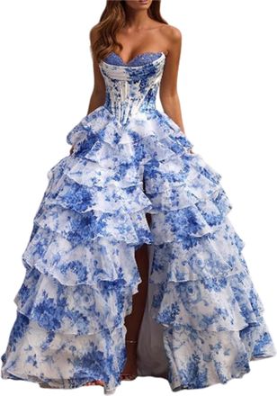 Generic Floral Strapless Tiered Ruffle Prom Dresses for Women, Long Tiered Chiffon Evening Party Gowns with Slit, for Wedding Clubs (Blue,M)