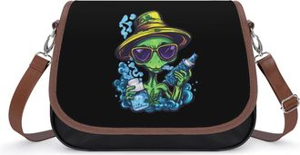 Generic Green Aliens Weed Womens Leather Crossbody Bags with Adjustable Strap Casual Printed Shoulder Handbag