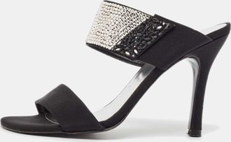 Stuart Weitzman Black Fabric Crystal Embellished Slide Sandals