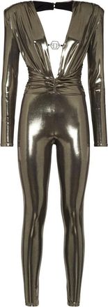 Philipp Plein Padded Shoulder Lam&eacute; Jumpsuit - Dames - Jumpsuits - Geel - XL - Polyester - Jumpsuits & Playsuits