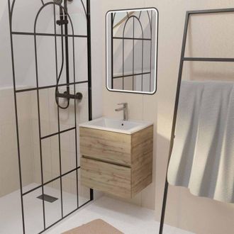 Aurlane Aurlane - Mueble De Ba&ntilde;o 50 Decorado Roble, 2 Cajones, Lavabo Blanco Y Espejo Led