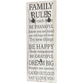 Hhg Hhg - Perchero De Pared Family Rules, Perchero De Armario, Shabby Look Vintage Con 3 Ganchos 76x31cm