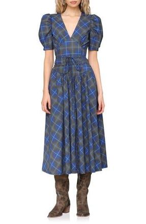 Avec Les Filles Plaid Puff Sleeve Tie Belt Stretch Cotton Midi Dress in Olive And Blue Plaid at Nordstrom Rack, Size 2