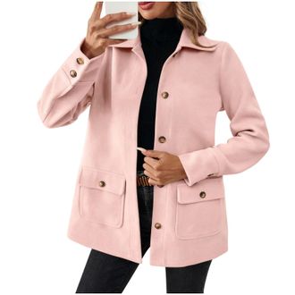 Generic Womens Casual Jackets Winter Warm Wool Coat Ladies Elegant Lapel Collar Button Down Thermal Thick Shacket Plain Classic Fit Trench Coats with Pockets