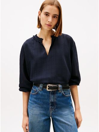 Tommy Hilfiger Womens Check Print Chiffon Pullover Top - Navy - XXL