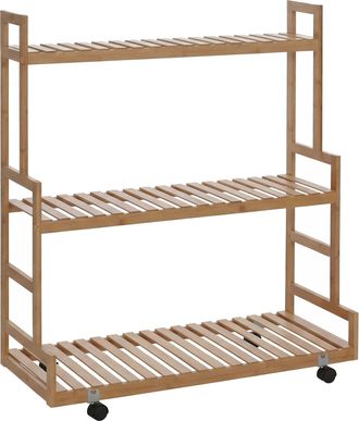 Hhg [nunca Usado] Estanter&iacute;a Para Plantas De Bamb&uacute; Hhg-372, Escalera Para Flores, Soporte Para Flores, Escalera Para Plantas, 3 Estantes, Ruedas, 105 X 90