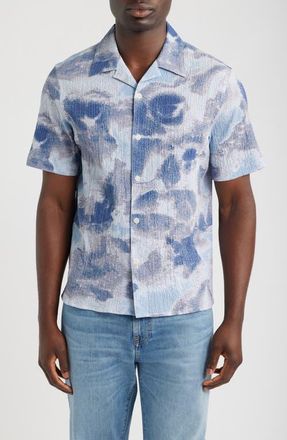 Wax London Didcot Watercolor Stretch Cotton Button-Up Shirt in Blue at Nordstrom, Size Xx-Large