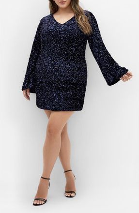 City Chic Paislee Sequin Long Sleeve Dress in Navy at Nordstrom, Size Xxl