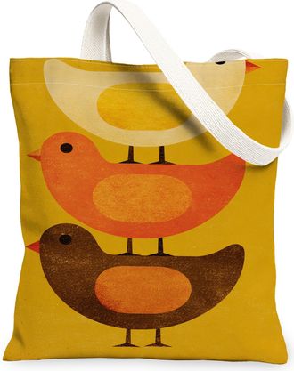Generic Bird Pattern Canvas Tote Bags, Colorful Animal Design Reusable Shopping Bags, Autumn Vintage Chic Lightweight Washable Shou, Yellow, 13x15 Inch