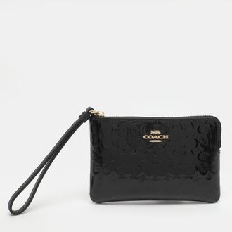 Coach Black Signature Debossed Patent Leather Wristlet