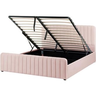 Beliani Ottoman Bed Pastel Pink Fabric Upholstered EU King Size With Headboard and Footboard Lift- Up Storage LUNAN