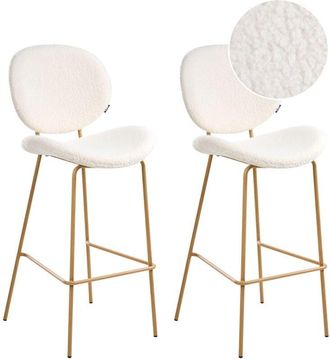 Beliani Conjunto de 2 sillas de bar bouclé patas hierro imitación madera tapas sin reposabrazos diseño retro asientos comedor blanco Luana