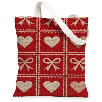 Generic Christmas Hearts Canvas Tote Bags, Vintage Bow Pattern Reusable Grocery Bags, Festive Rustic Lightweight Washable Shoulder, Red, 13x15 Inch
