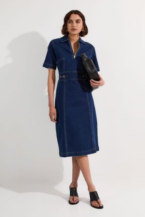 Karen Millen Womens Stretch Denim Snaffle Trim Collared Midi Dress - Blue Cotton - Size 10 UK