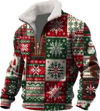 Generic Mens 1/4 Zip Sweatshirt Casual Christmas Printed Design Sweaters Long Sleeve Stand Collar Warm Comfortable Sweatshirt Classic Mode Plus Size Outdoor S