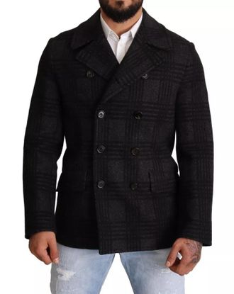 Dolce & Gabbana Black Trench Coat Check Wool Mens Jacket