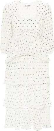 Ganni Flounce Smock Midi Jurk - Dames - Casual kleedjes - Wit - L - Polyester - Kleedjes