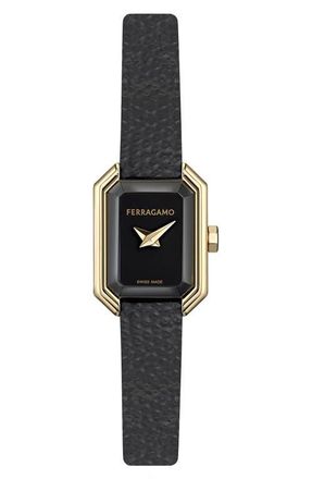 Ferragamo Crystal Petite Leather Strap Watch, 15mm x 20mm in Ip Yellow Gold at Nordstrom