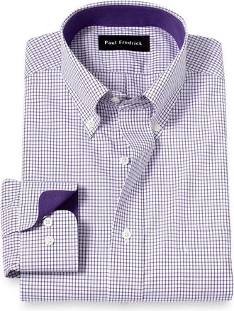 Paul Fredrick Tailored Fit Non-iron Cotton Check Dress Shirt With Contrast Trim