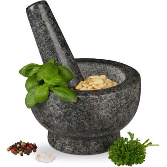 Relaxdays Mortaio e Pestello, in Granito Massiccio, Resistente, Basilico, Pesto, Superficie Ruvida, &Oslash;13, 250 ml, Grigio - Relaxdays