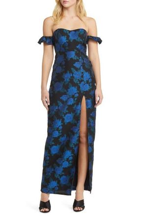 Lulus Exceptional Occasion Floral Jacquard Off the Shoulder Gown in Black/Blue at Nordstrom, Size Small