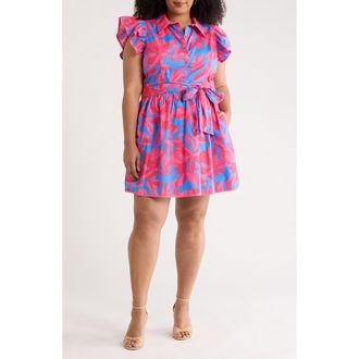 Sugarlips Maia Ruffle Tie Belt Cotton Dress in Pink-Blue at Nordstrom, Size 2X