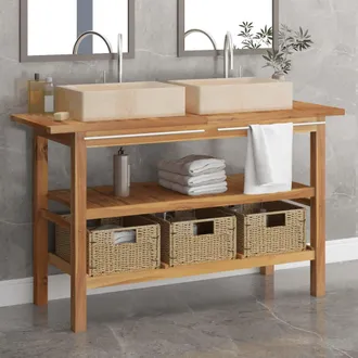 vidaXL Tocador De Ba&ntilde;o Madera Maciza De Teca Con Lavabos M&aacute;rmol Crema Vidaxl