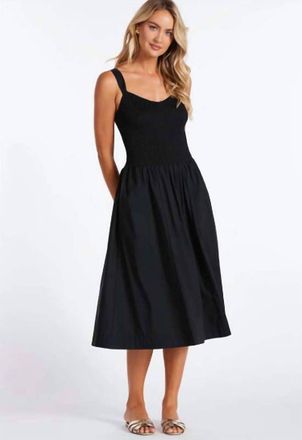 Bishop + Young Corsica Smocked Poplin Midi Dress In Black