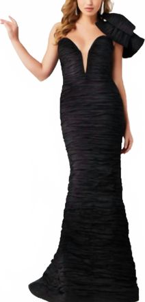 Jovani One Shoulder Fitted Crushed Gown In Black