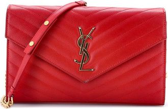 Saint Laurent Red Matelasse Chevron Leather Classic Monogram Wallet On Chain Medium (Authentic Pre-Loved)