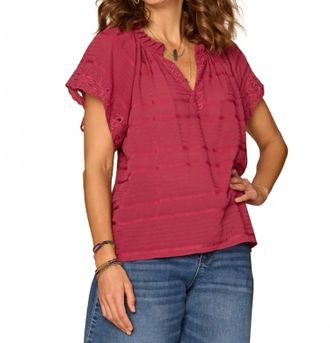 Democracy Short Sleeve Ruffle Split Neck Embroidered Woven Top In Beet Red