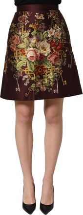 Dolce & Gabbana Womens Burgundy Floral Highwaist A-Line Mini Skirt Silk Wool