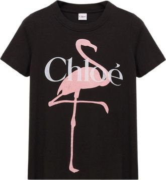 Chlo&eacute; T-shirt met logo en print - Dames - T-shirts - Zwart - S - Katoen - Tops