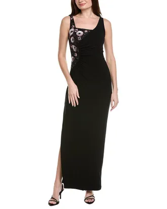 Adrianna Papell Asymmetrical Floral Beaded Jersey Gown