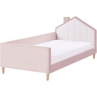 Beliani Bed Pink and White Velvet Upholstered Frame Headrest 3ft EU Single Size Bedroom Kids Room Modern Traditional KERVAN
